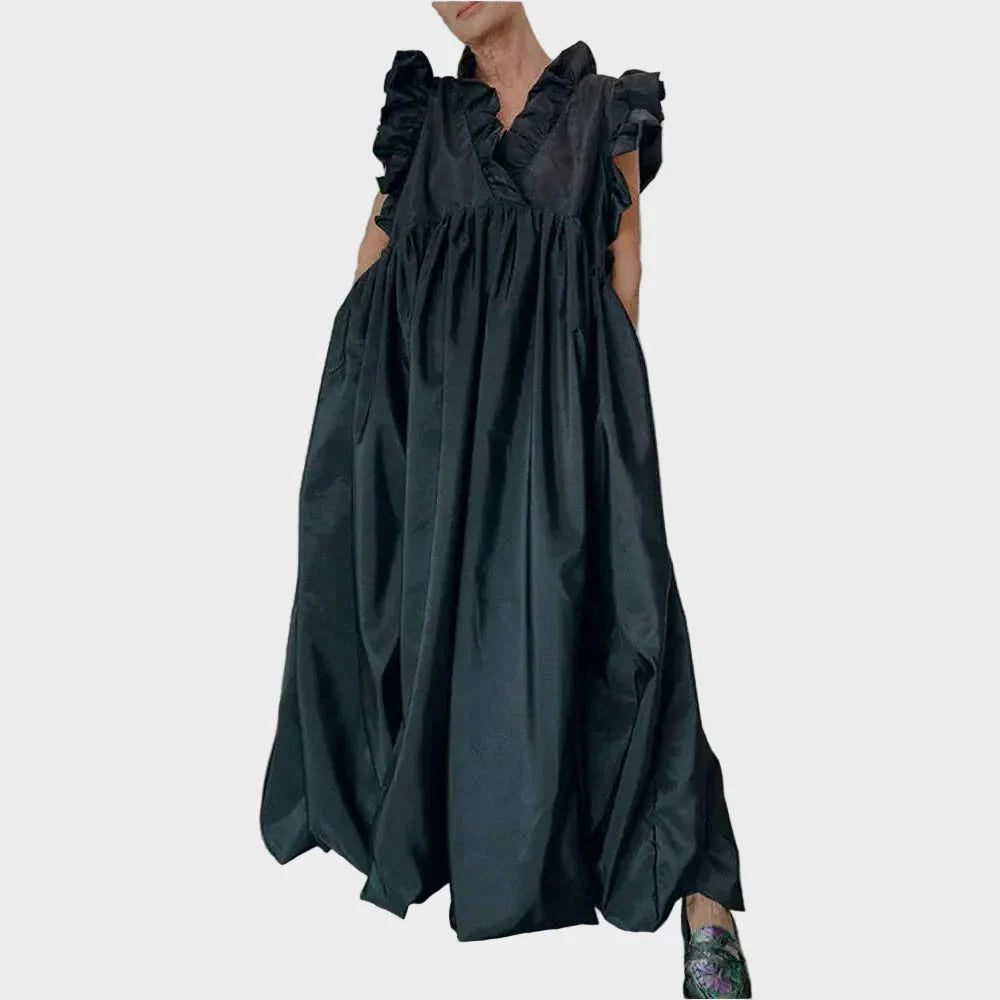 ladies pleated dress ruffles Women's A-line Loose Ruffle Pockets Sleeveless Summer Ca – Susan & Michael Backless Ruched Snatched Deep 95% polyester 5% elastane black ballroom dance dress with hackle feathers Design:FR52 - US22W- UK26