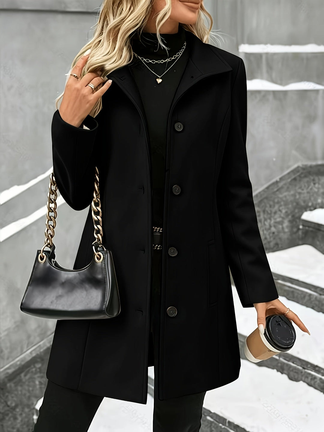 Elegant Wool Coat for Women with Notch Collar Single Breasted Longline Style
