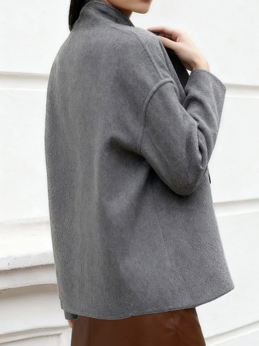 Elegant Wool High Pea Coat for Women with Stand Collar Long Sleeve Double Breasted Cropped Style