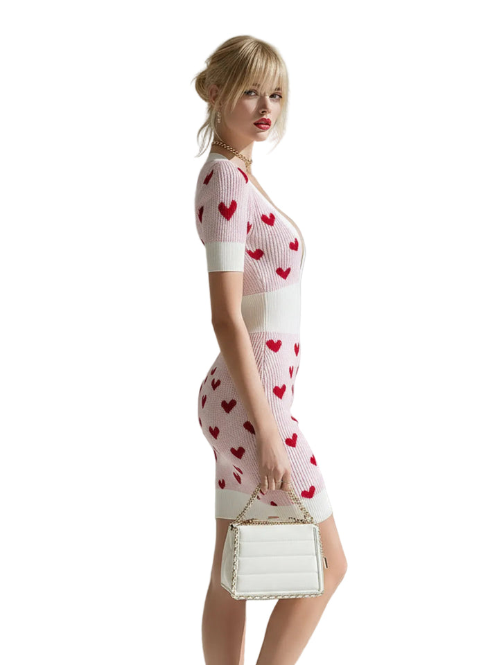 Chic Elegant Cream White Heart Jacquard Deep V-Neck Short-Sleeve Slim-Fit Ribbed Knit Bodycon Mini Dress