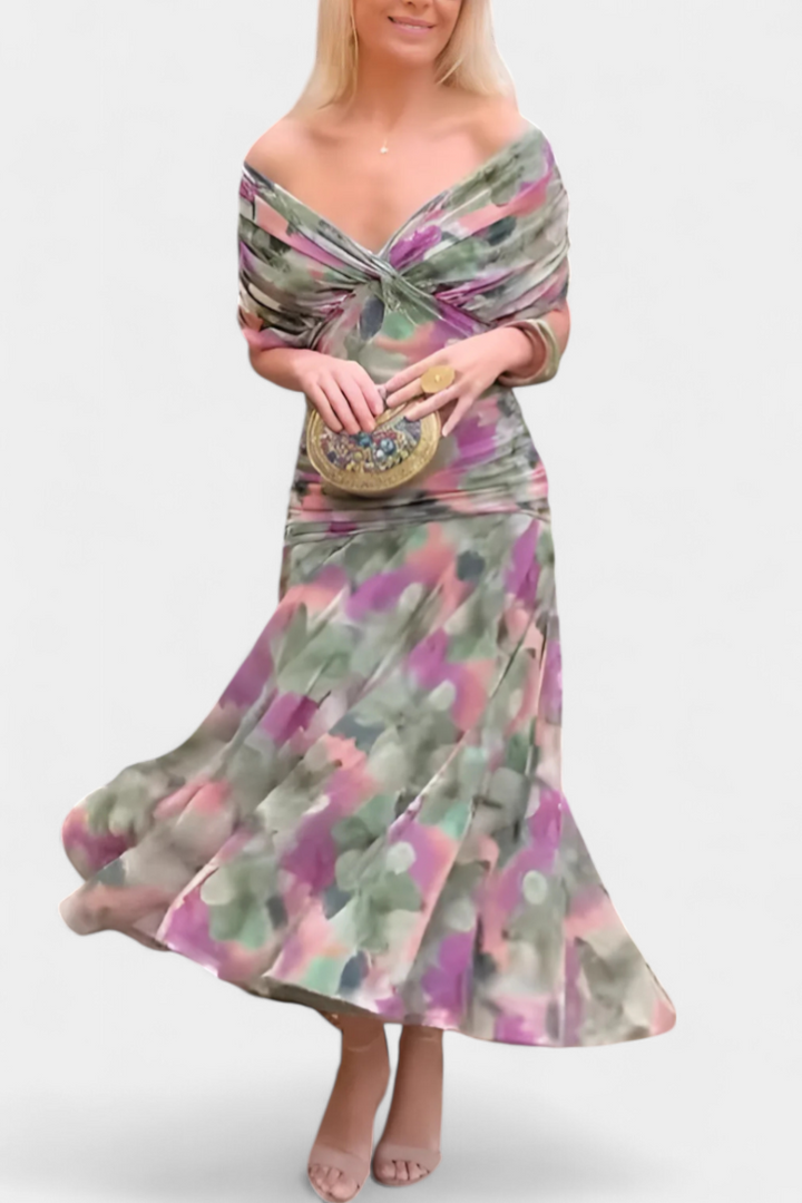 Alondra Long Dress with Fancy Floral Pattern and V-Neckline