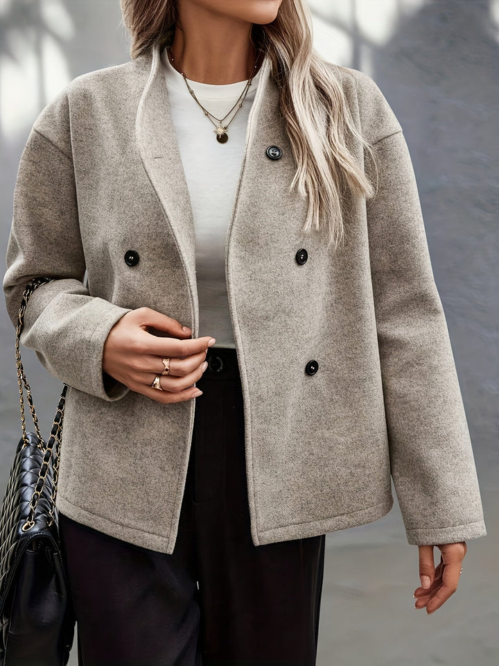 Elegant Apricot Wool Pea Coat for Women with Stand Collar Long Sleeve Double Breasted Oversized Style