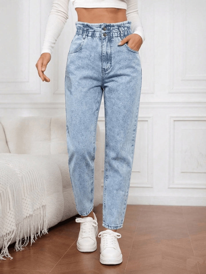 Effortless Blue Acid Wash Mom Jeans for Women with Paperbag Waist Button Front Tapered Relaxed Style
