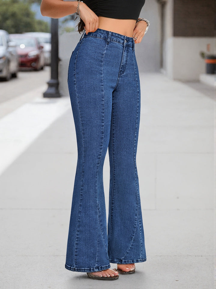 Effortless Medium Blue High Waisted Jeans for Women with Flared Leg Button Front Relaxed Casual Style