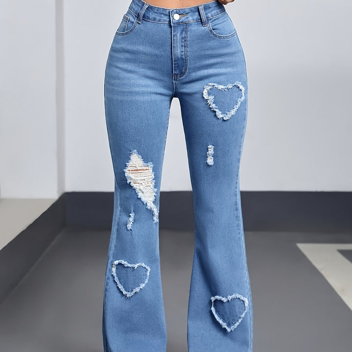 Effortless Light Blue Distressed Flare Jeans for Women with High Waist Heart Patch Frayed Hem Casual Style