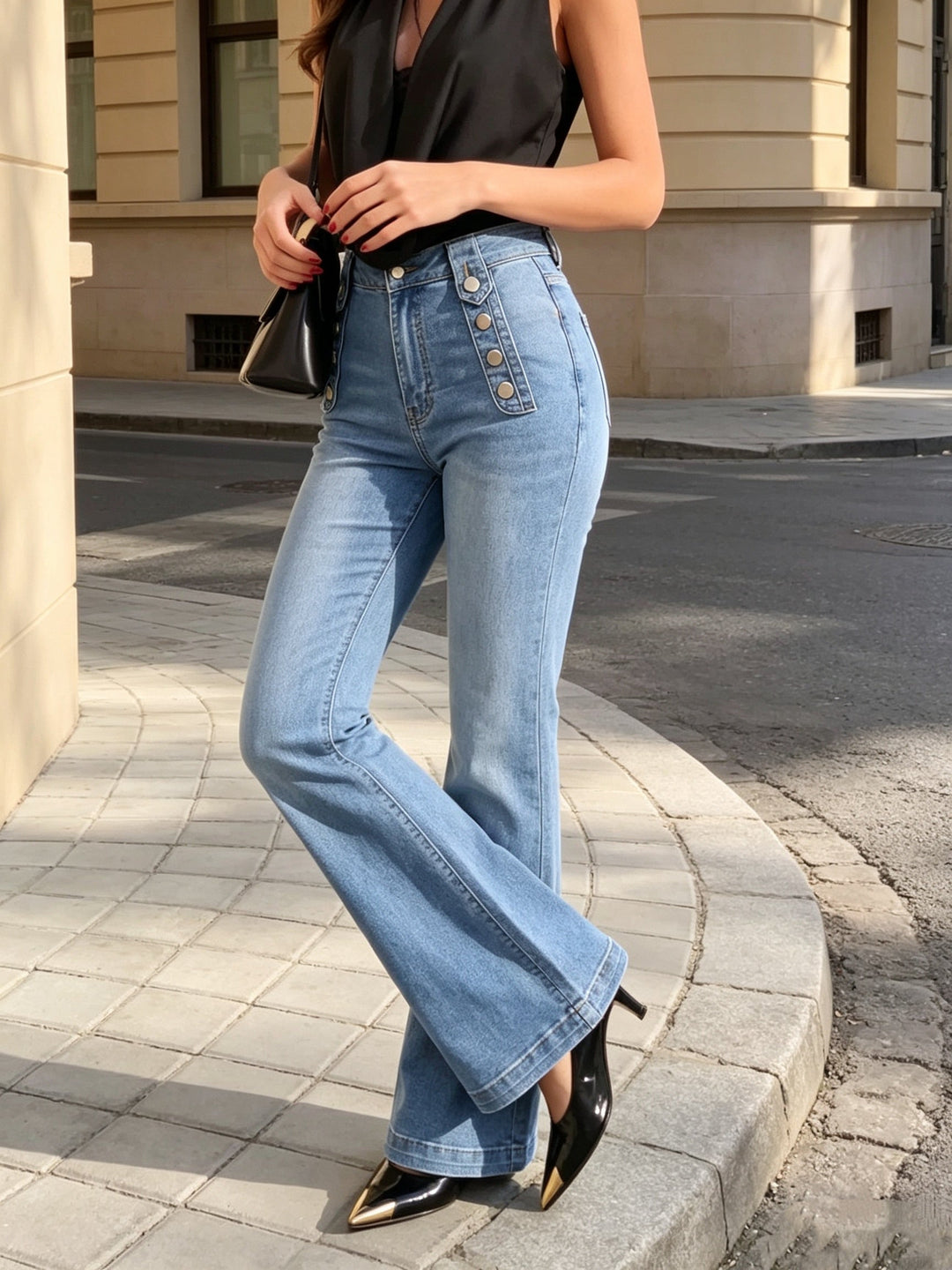 Effortless Light Blue High Waisted Jeans for Women with Button Front Flare Leg Relaxed Style