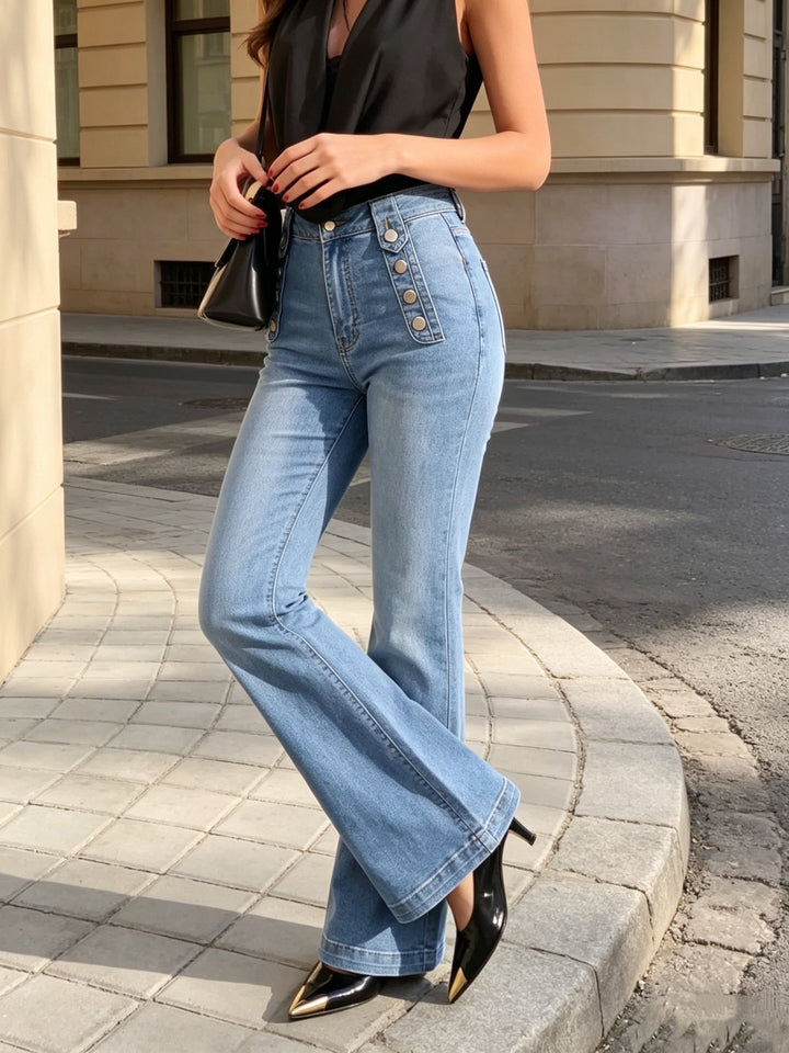 Effortless Light Blue High Waisted Jeans for Women with Button Front Flare Leg Relaxed Style