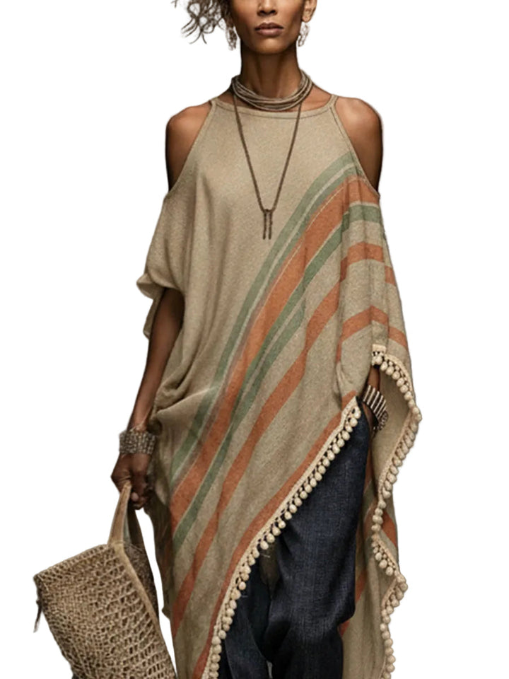 Khaki Linen Blend Printed Off Shoulder Dress With Fringe Hem
