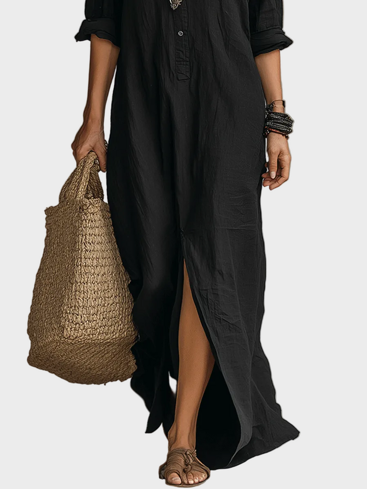 Delilah | Black Button-Front Bohemian Shirt Maxi Dress