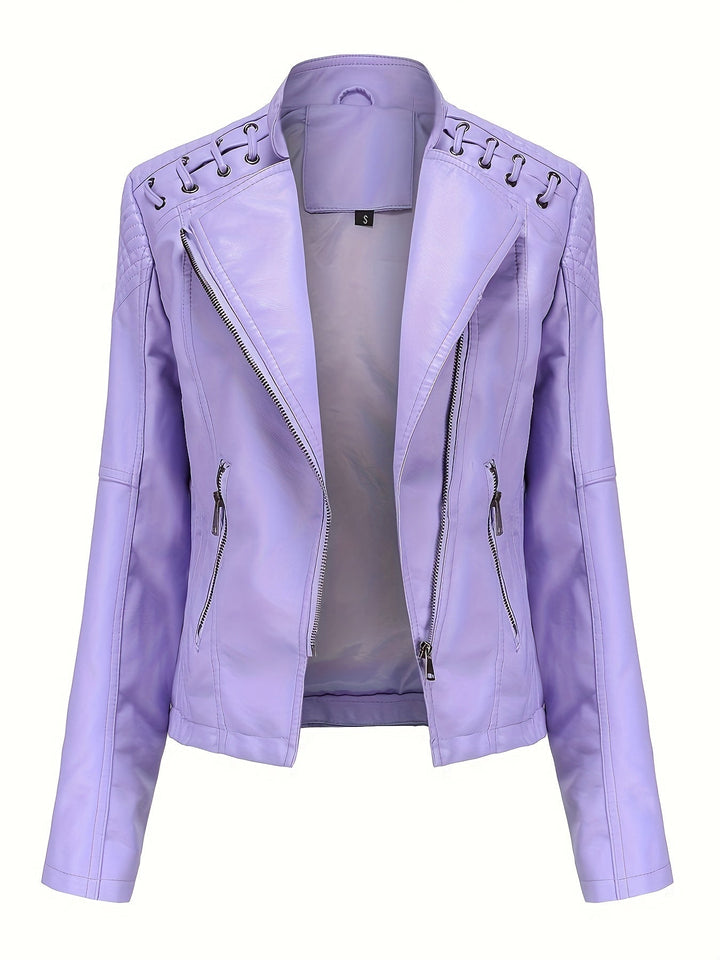 Elegant Leather Moto Jacket for Women with Notch Lapel Zip Front Studded Shoulder