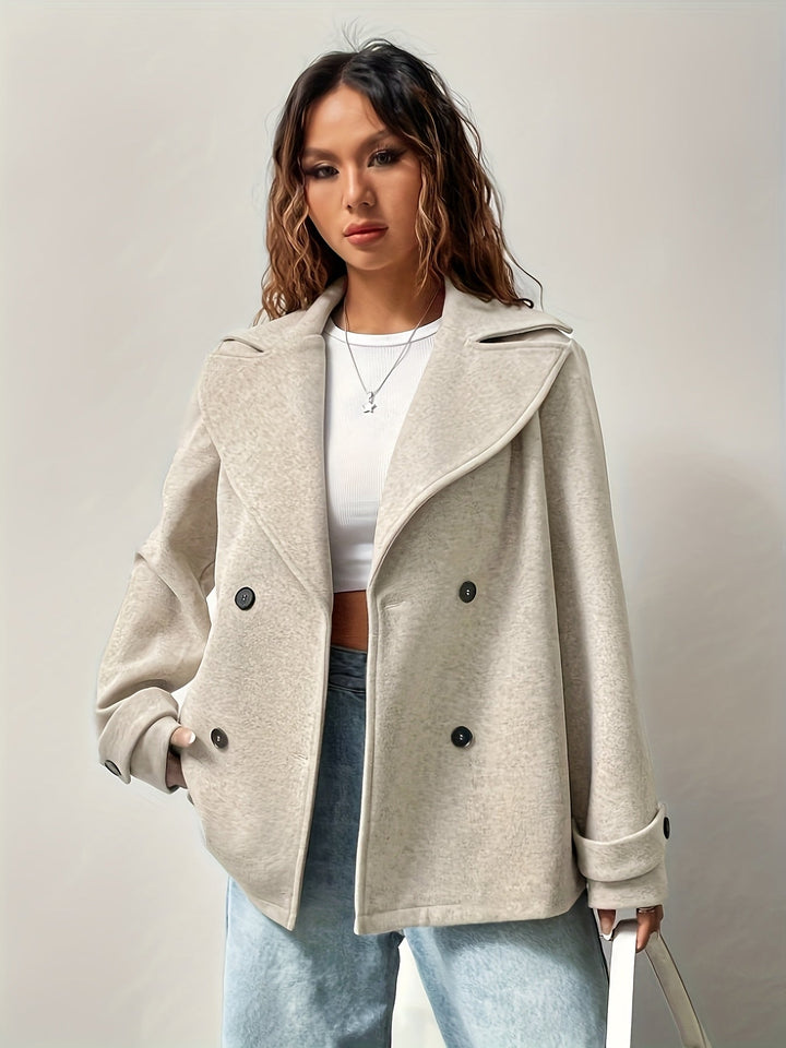 Elegant Beige Pea Coat for Women with Notched Lapel Long Sleeve Double Breasted Oversized Style