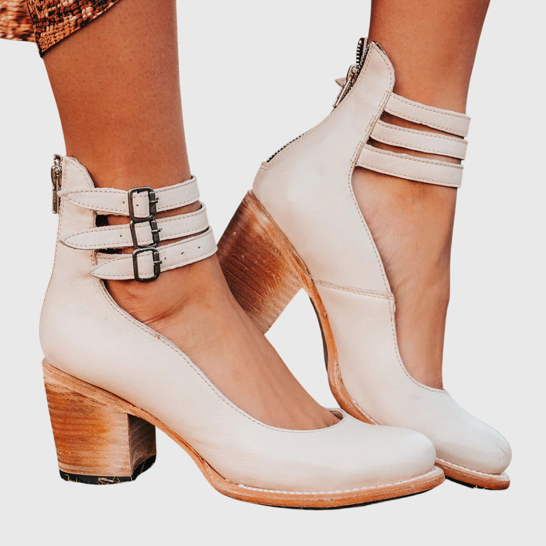 Stylish Boots for Women with Buckle Strap Block Heel Cutout Style