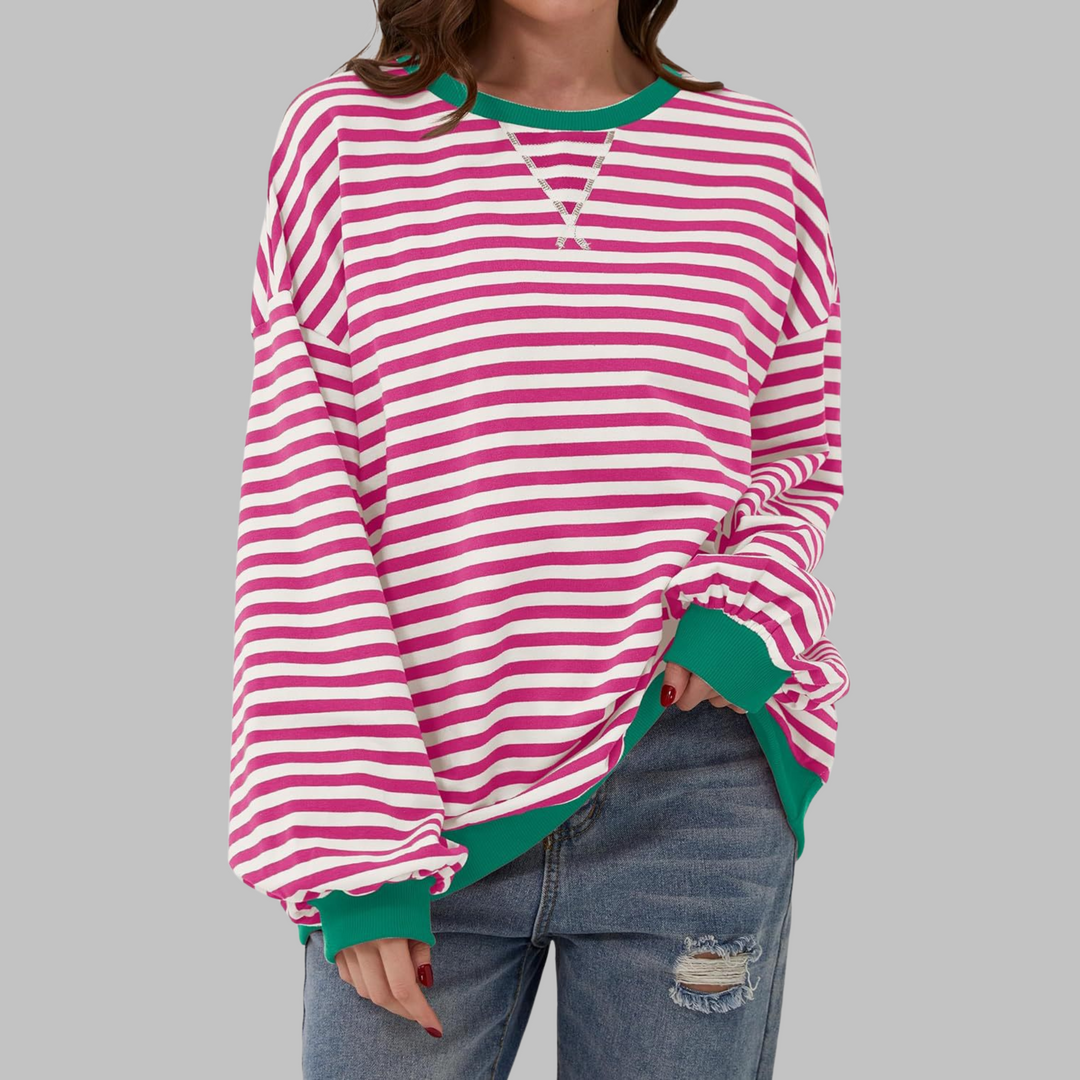Comfortable Striped Sweatshirt for Women with Crew Neck Long Sleeve Contrast Trim Oversized Style