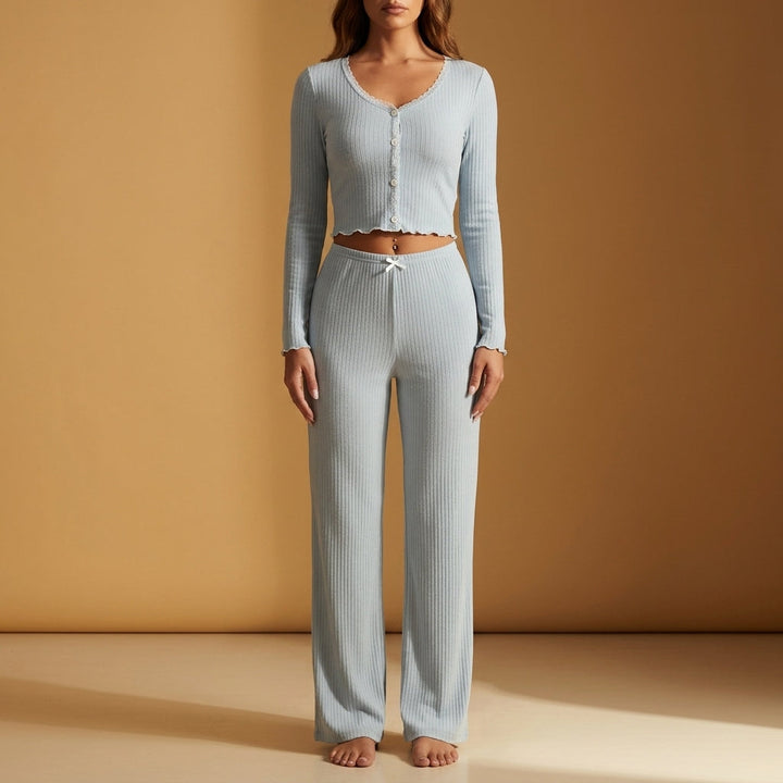 Women's Silky Ribbed Pajama Set with Lace Trim - Estoril Long Sleeve Loungewear
