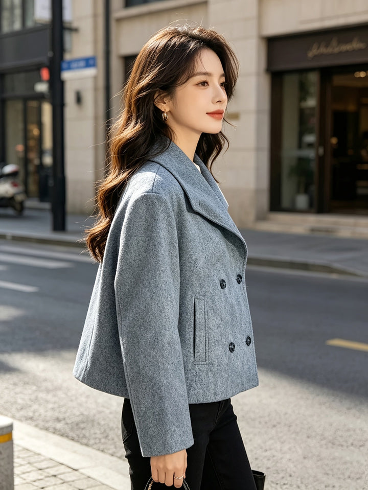 Elegant Wool Pea Coat for Women with Notch Lapel Long Sleeve Double Breasted Cropped Style