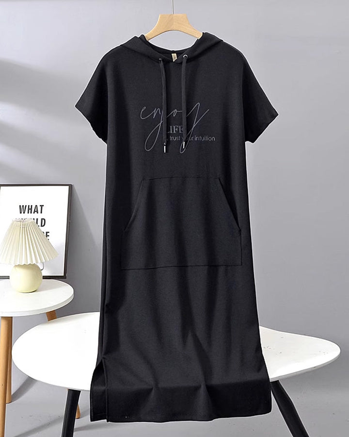 Comfortable Orange Hoodie Midi Dress for Women with Drawstring Hood Short Sleeve Kangaroo Pocket Relaxed Style