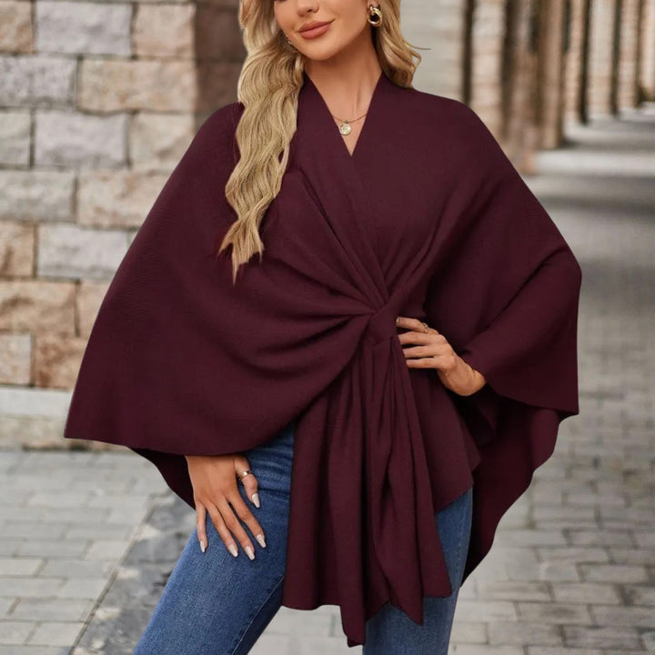 Elegant Knit Poncho for Women with V Neck Batwing Sleeve Tie Waist Wrap Style