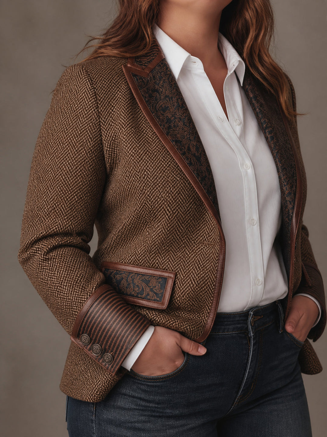 Herringbone printed panel blazer styled view