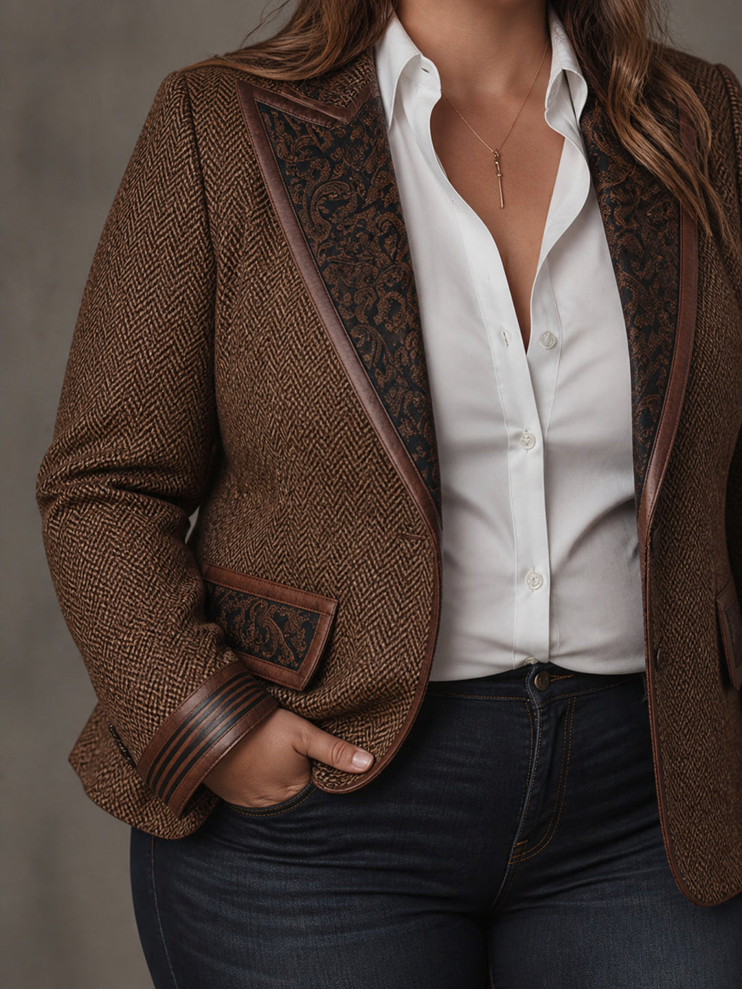 Herringbone printed panel blazer front detail