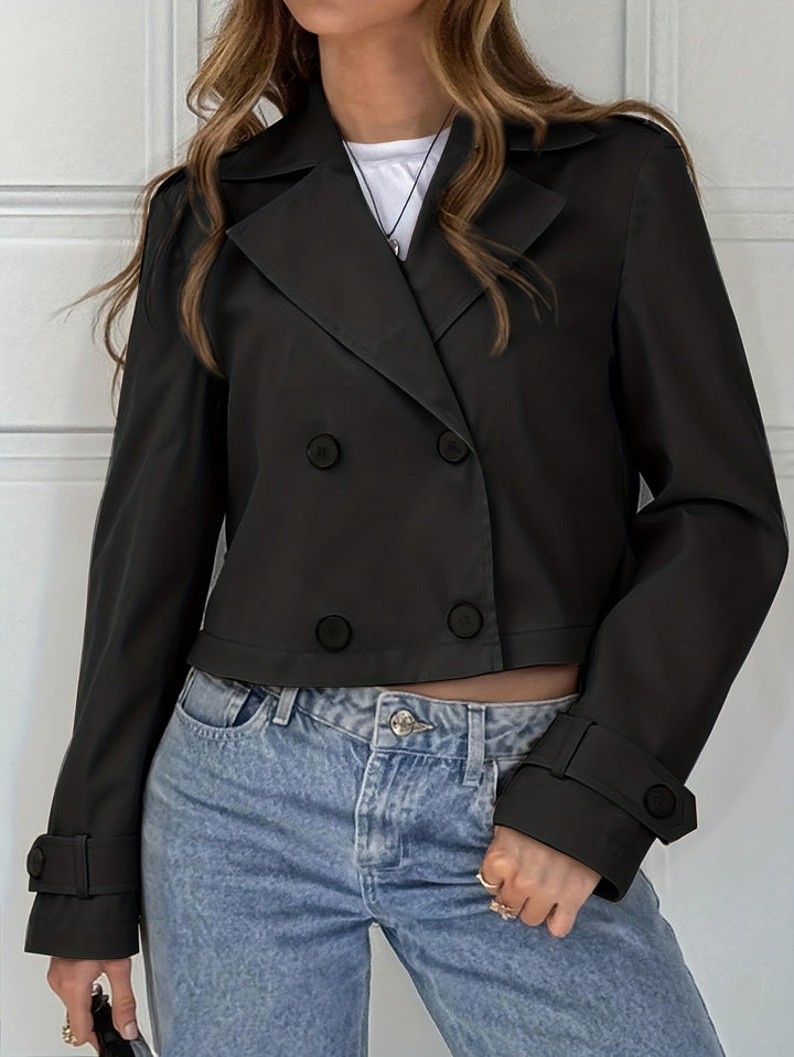 Elegant Brown Cropped Pea Coat for Women with Notched Lapel Long Sleeve Double Breasted Casual Style