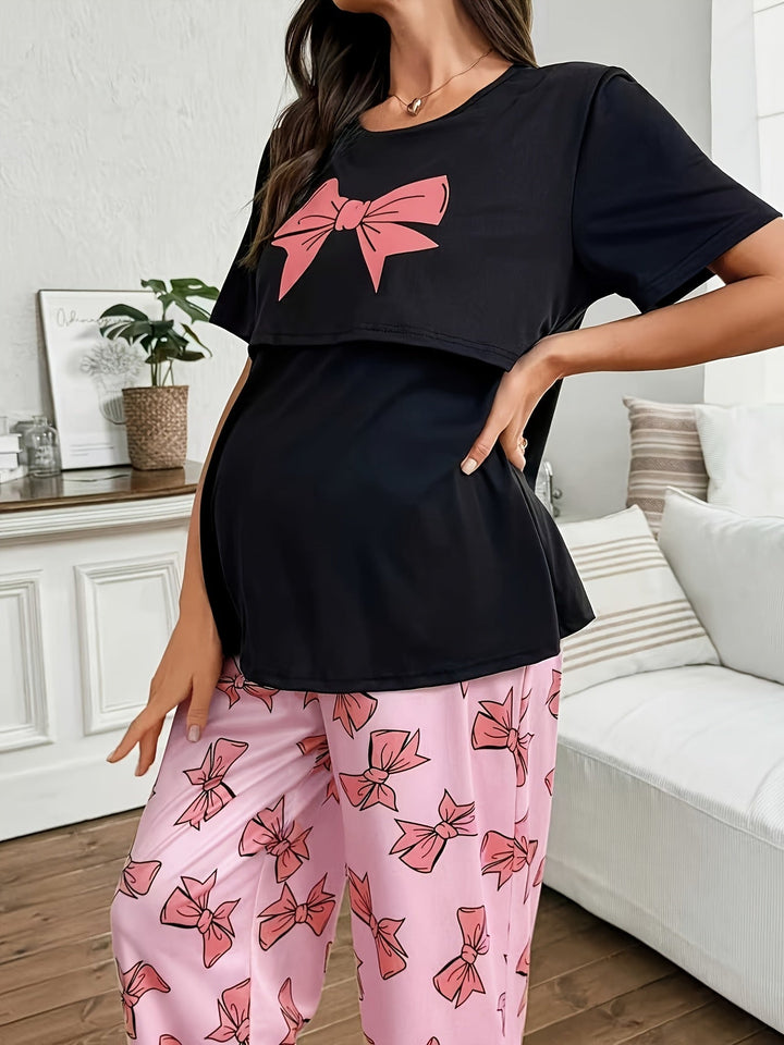 Comfortable Bow Print Maternity Pajama Set for Women with Round Neck Short Sleeve Wide Leg Two Piece Style