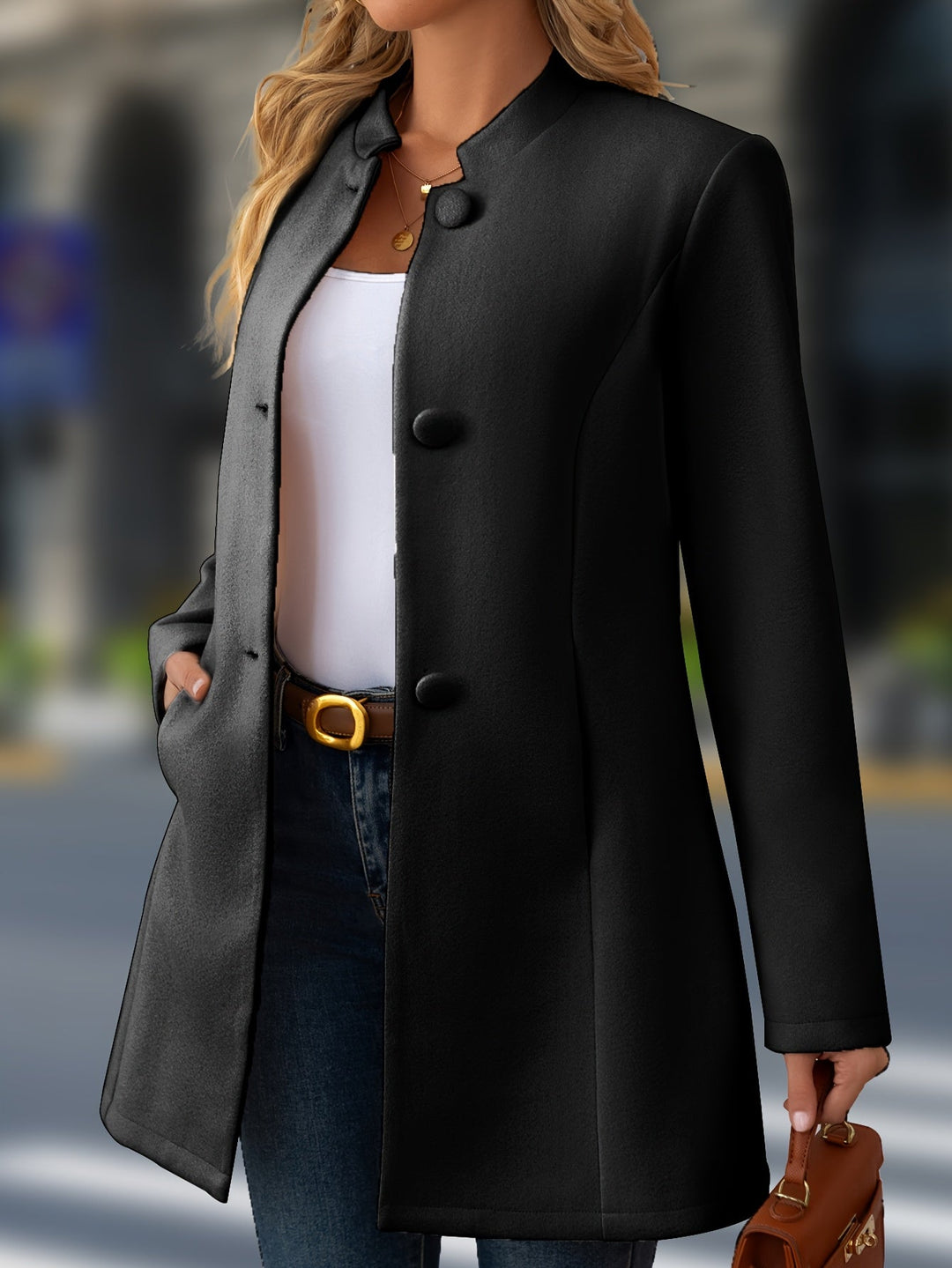 Elegant Wool Coat for Women with Stand Collar Button Front Belted Waist