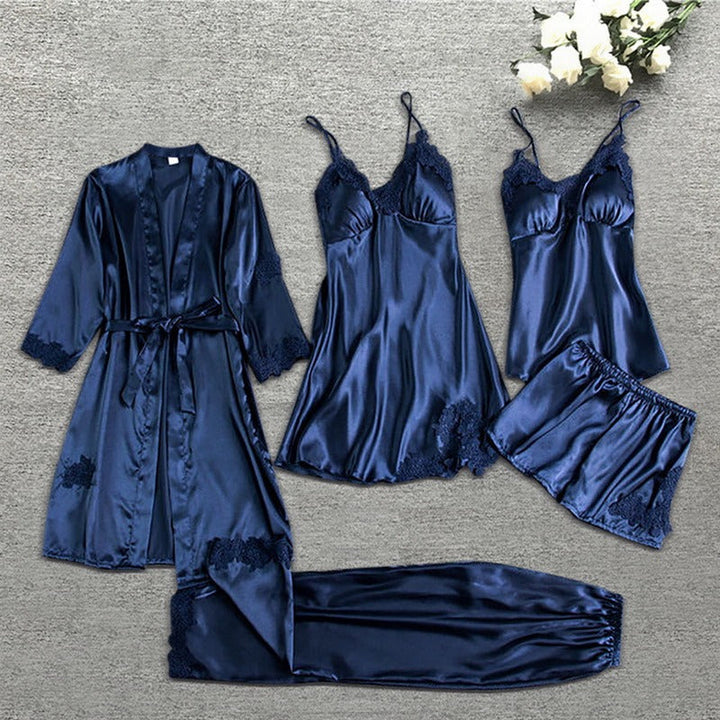 Women's Satin Pajama Set with Lace Trim - Iris Long Sleeve Sleepwear