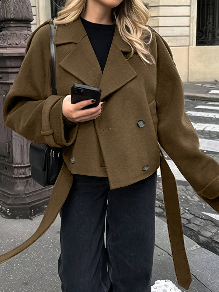 Elegant Coffee Brown Pea Coat for Women with Notch Lapel Long Sleeve Belted Oversized Style