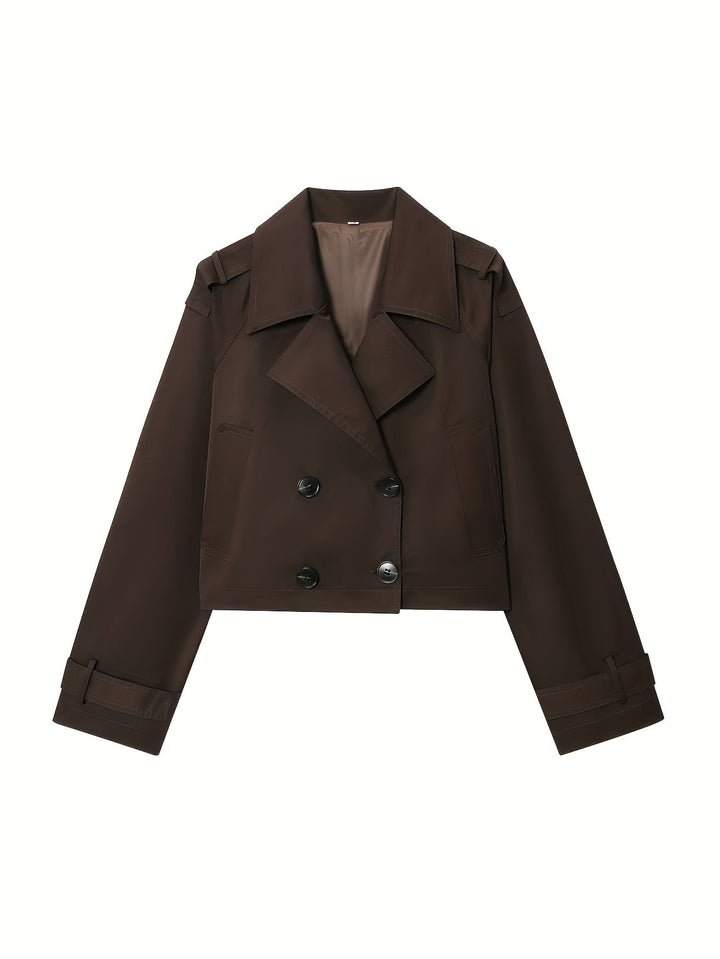 Elegant Coffee Brown Pea Coat for Women with Notched Lapel Long Sleeve Double Breasted Cropped Style
