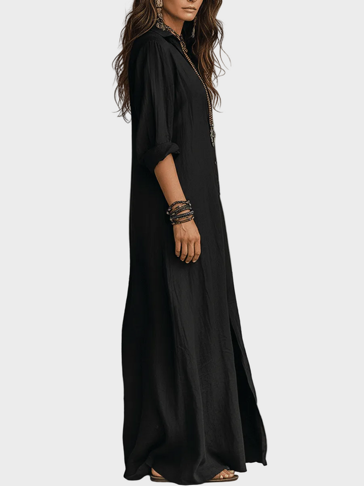 Delilah | Black Button-Front Bohemian Shirt Maxi Dress