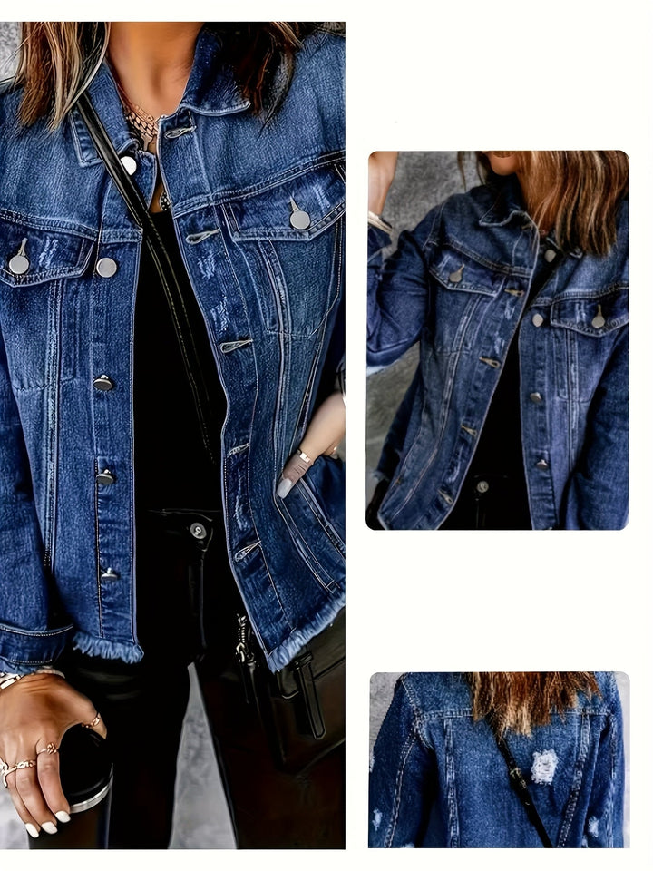 Effortless Deep Blue Distressed Jean Jacket for Women with Collar Long Sleeve Button Front Frayed Relaxed Style
