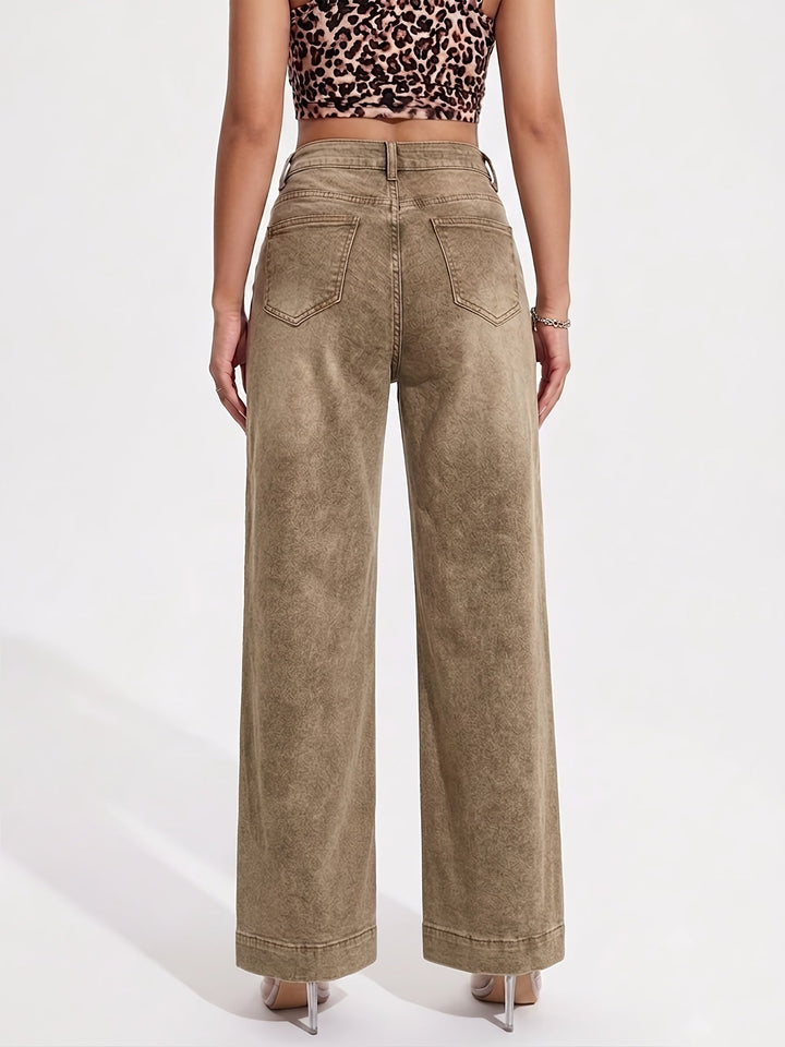 Effortless Brown Wash Flare Jeans for Women with High Waist Button Front Pocket Detail Relaxed Style