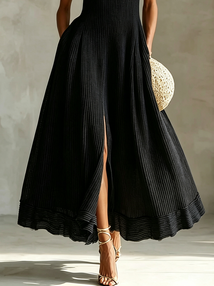 Elegant Black Knit Maxi Dress for Women with Turtleneck Sleeveless High Slit Flowy A Line Style