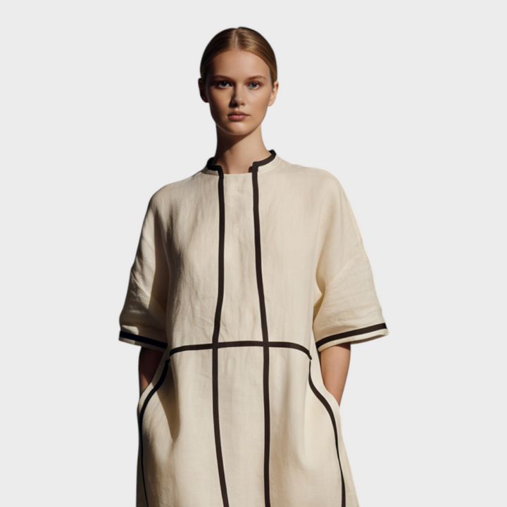 Peyton | Women's Modern Linen Blend Beige Stand-Collar Half-Sleeve Contrast-Line Pocketed Maxi Dress  MDA2924L4AU