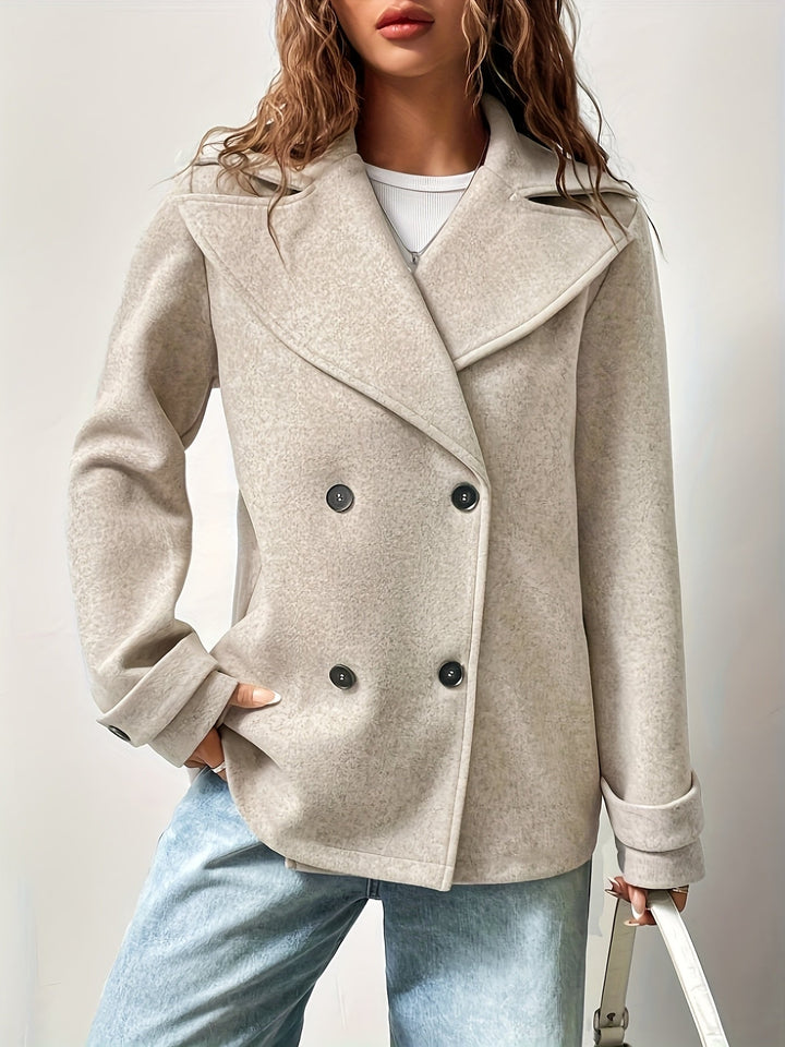 Elegant Beige High Pea Coat for Women with Notched Collar Long Sleeve Double Breasted Relaxed Style