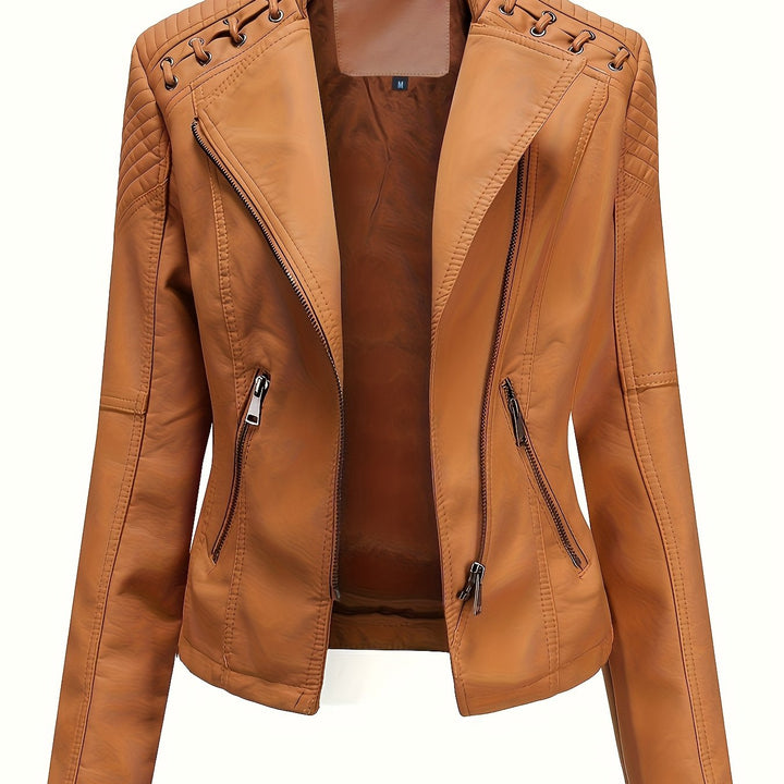 Elegant Leather Moto Jacket for Women with Notch Lapel Zip Front Studded Shoulder