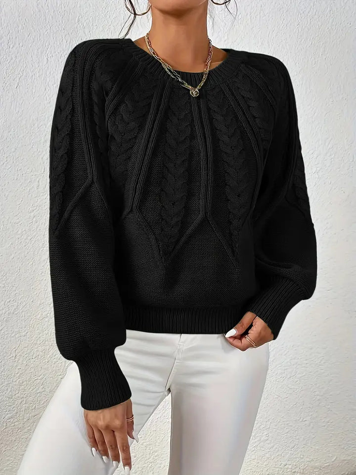 Comfortable Cable Knit Sweater for Women with Round Neck Balloon Sleeve Cropped Oversized Style