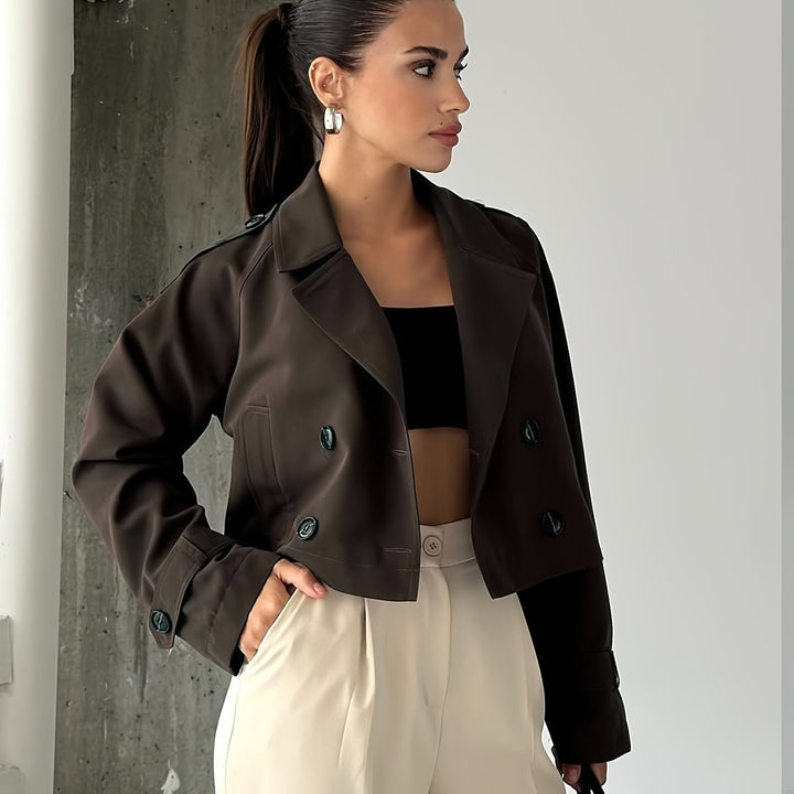 Elegant Coffee Brown Pea Coat for Women with Notched Lapel Long Sleeve Double Breasted Cropped Style