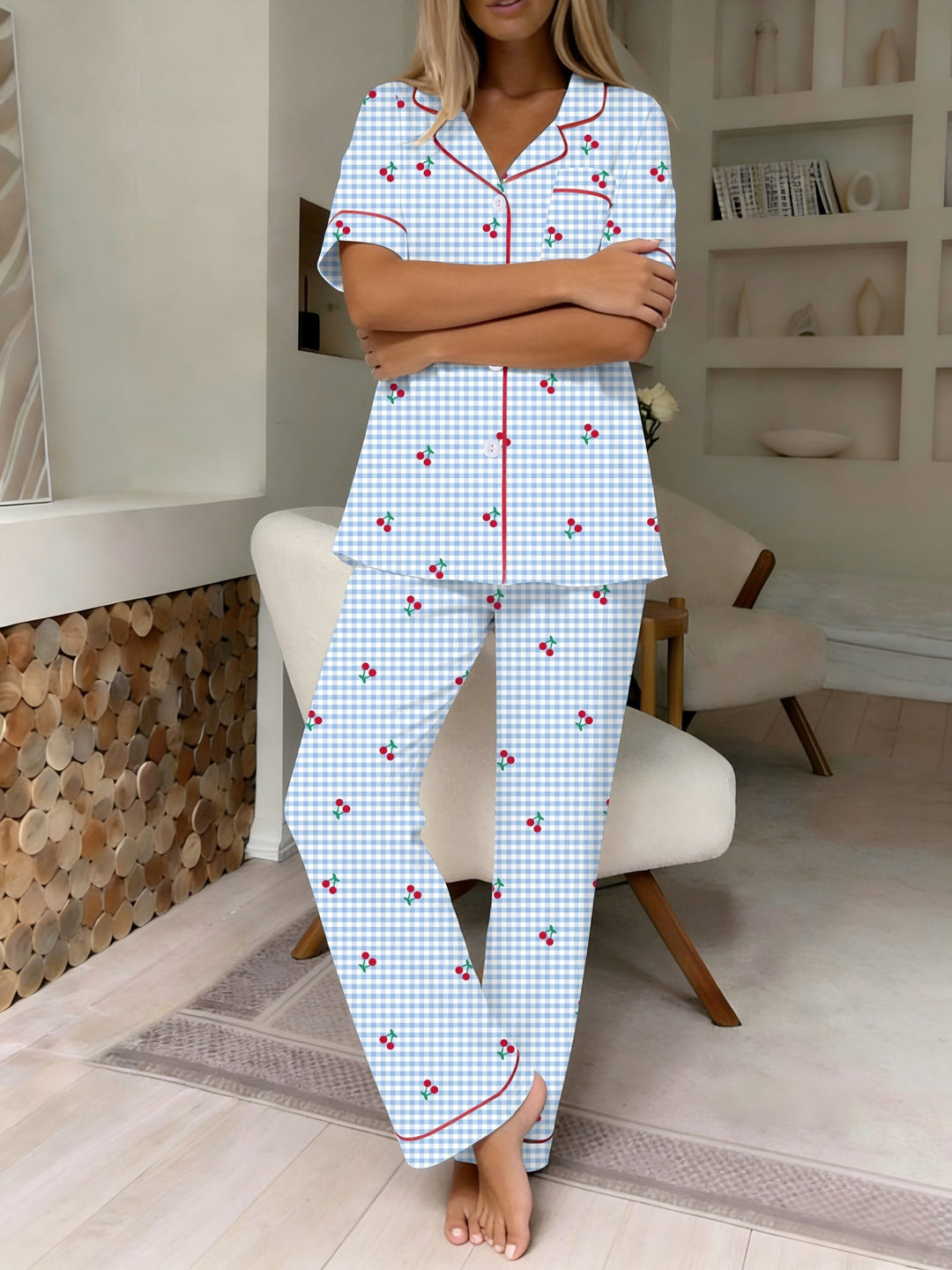 Comfortable Cherry Gingham Pajama Set for Women with Notch Collar Short Sleeve Button Front Relaxed Style