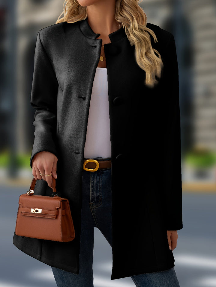 Elegant Wool Coat for Women with Stand Collar Button Front Belted Waist