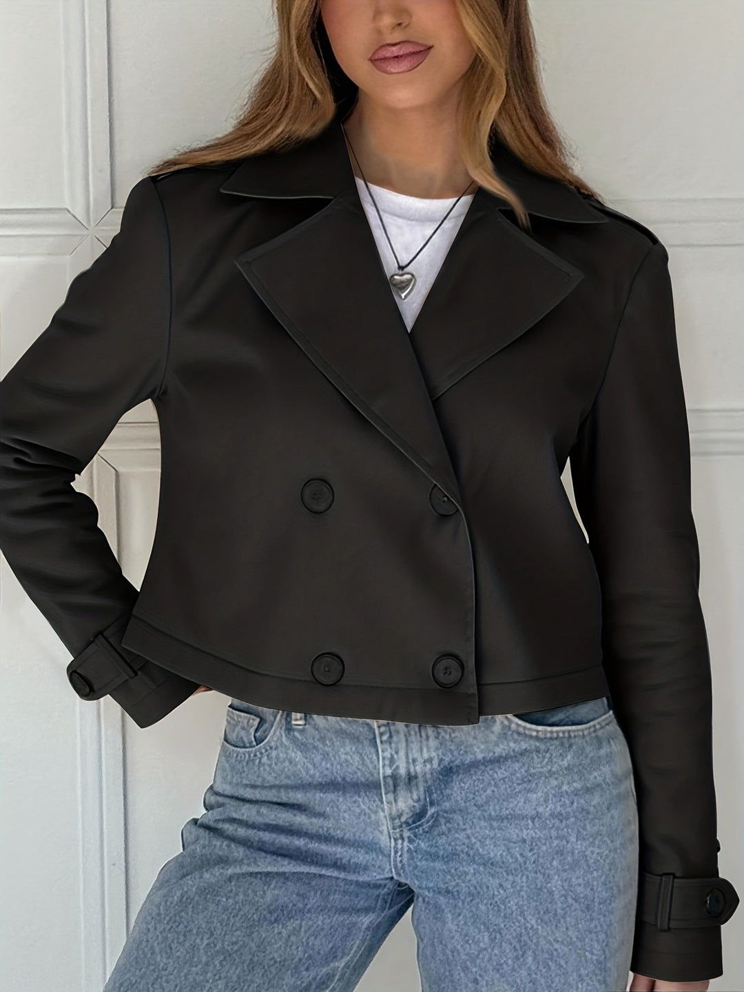 Elegant Brown Cropped Pea Coat for Women with Notched Lapel Long Sleeve Double Breasted Casual Style