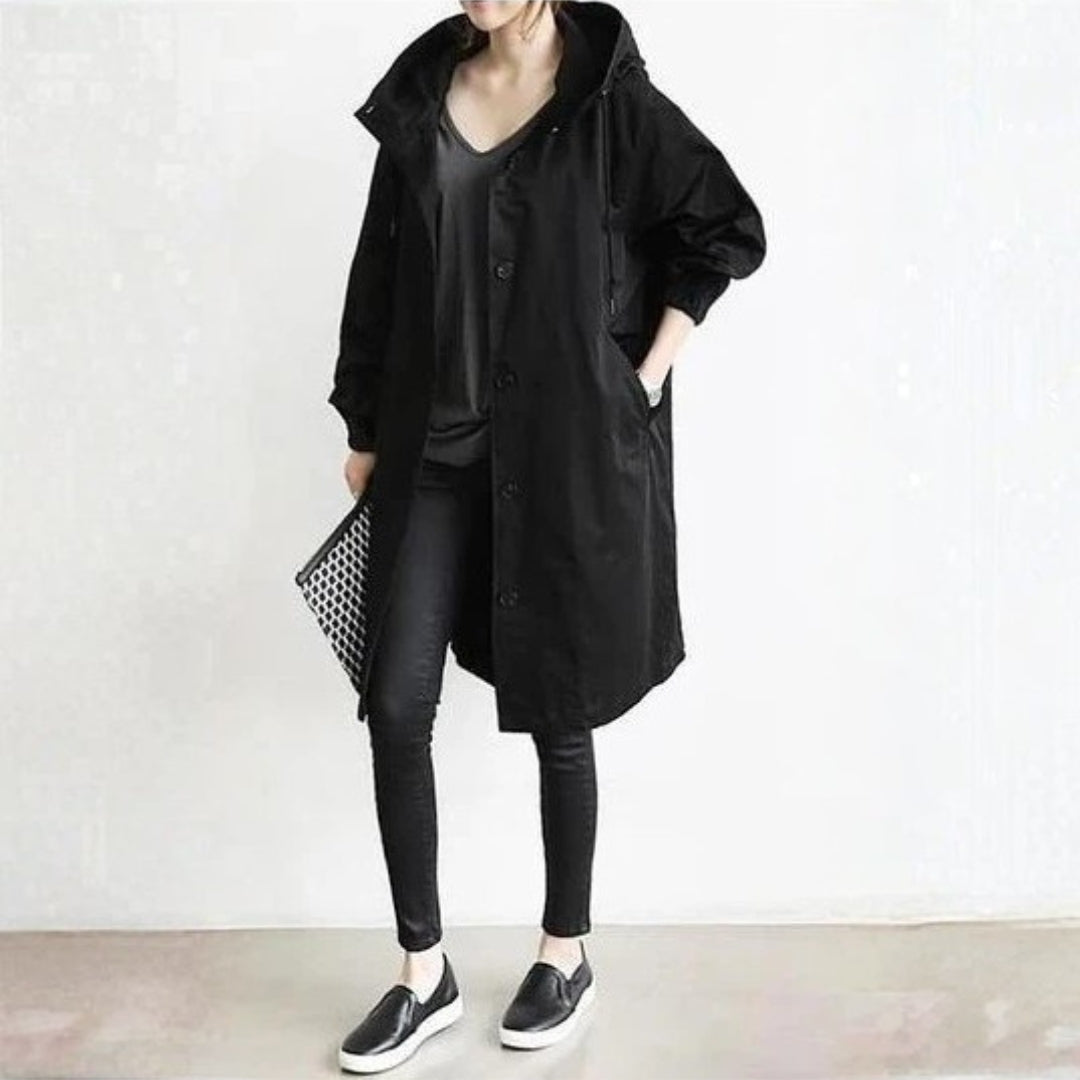 Effortless Oversized Trench Coat for Women with Hooded Long Sleeve Button Front Longline Style