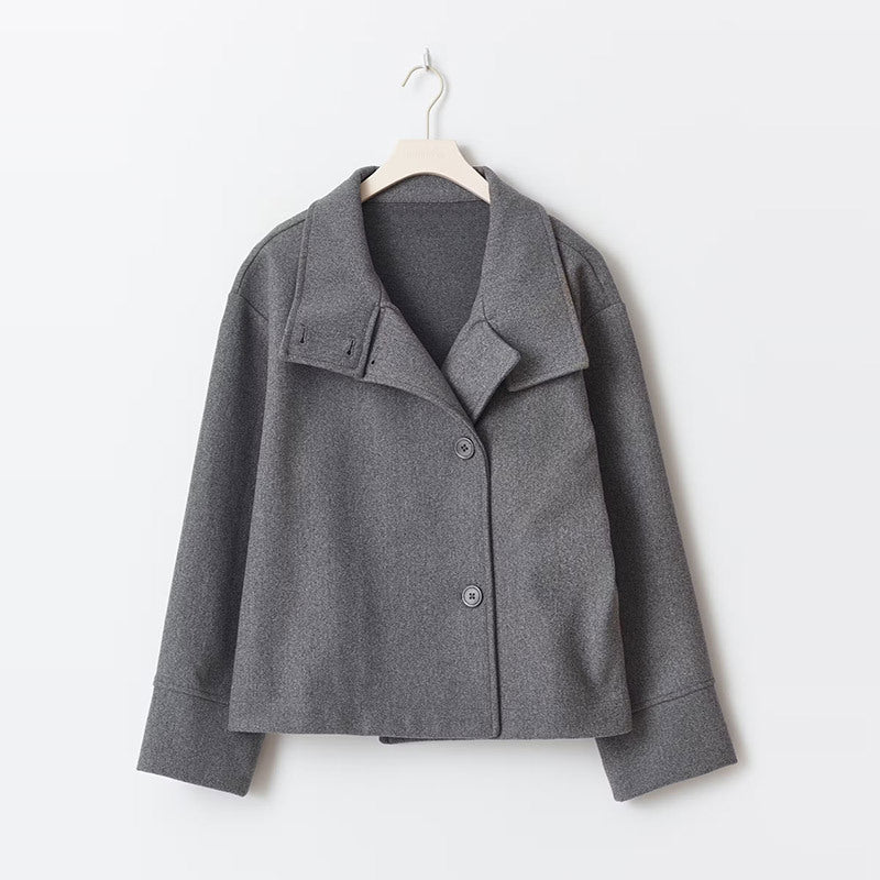 Elegant Wool Jacket for Women with Funnel Neck Long Sleeve Oversized Cropped Casual Style