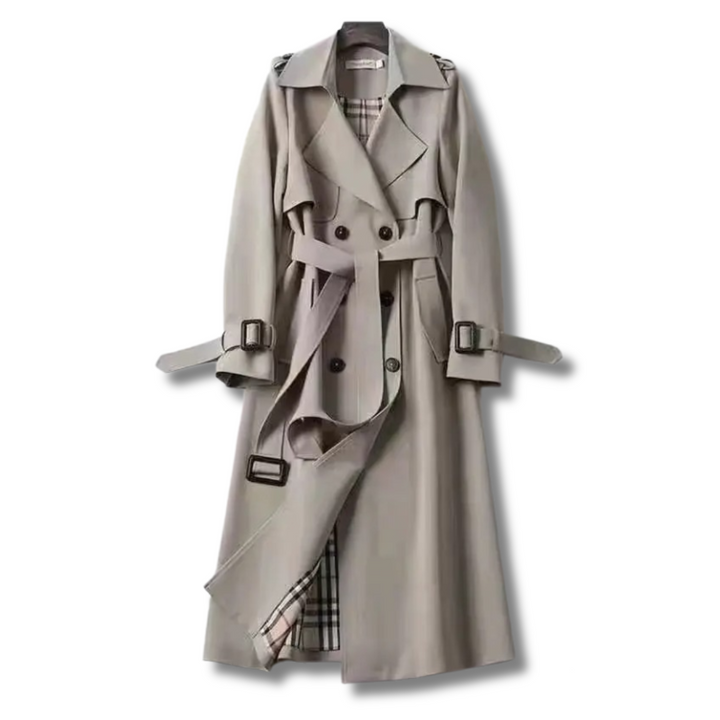 Elegant Trench Coat for Women with Notched Lapel Long Sleeve Belted Double Breasted Style