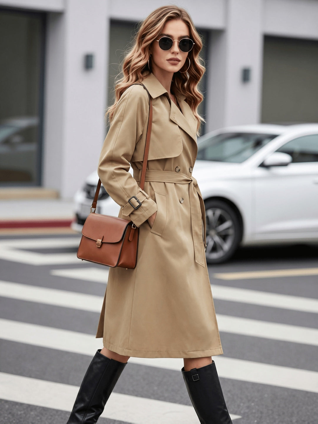 Elegant Khaki Trench Coat for Women with Lapel Collar Belted Waist Double Breasted Style