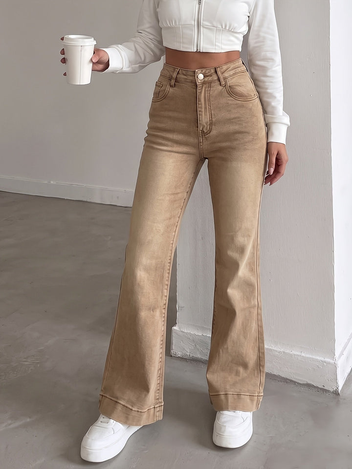 Effortless Brown Wash Flare Jeans for Women with High Waist Button Front Pocket Detail Relaxed Style