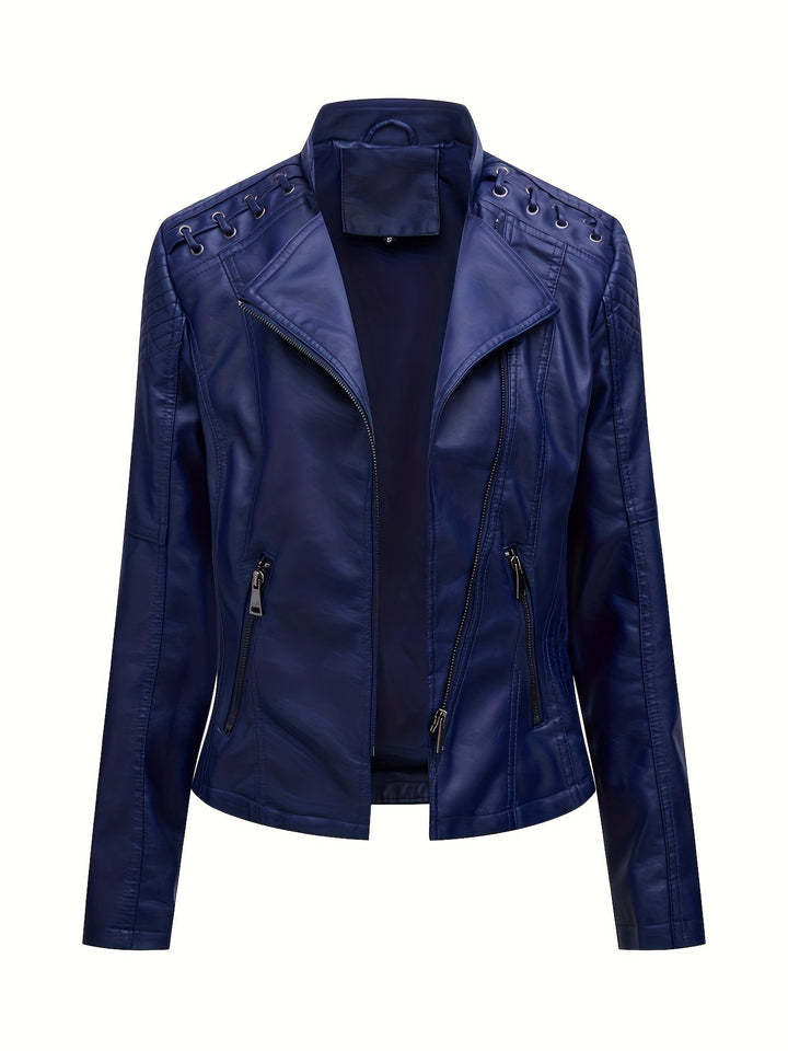 Elegant Leather Moto Jacket for Women with Notch Lapel Zip Front Studded Shoulder