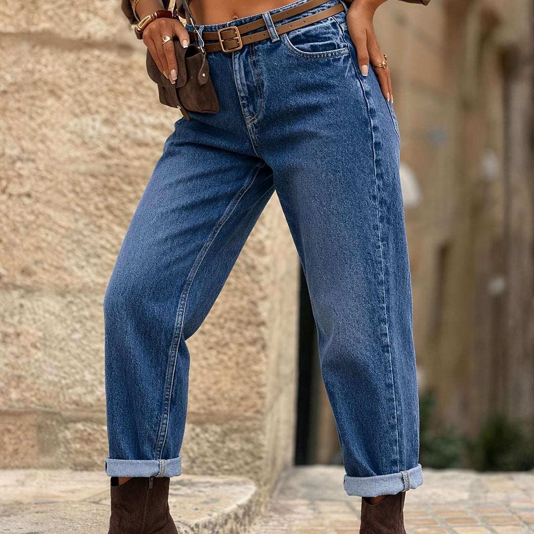 Effortless Deep Blue Relaxed Mom Jeans for Women with High Waist Cuffed Straight Leg