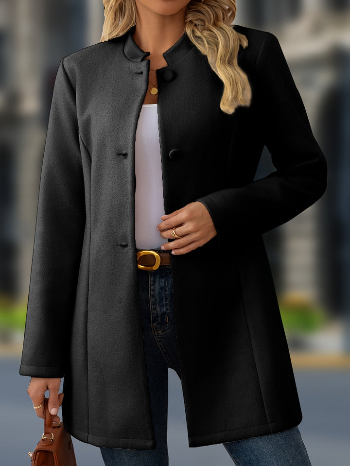 Elegant Wool Coat for Women with Stand Collar Button Front Belted Waist