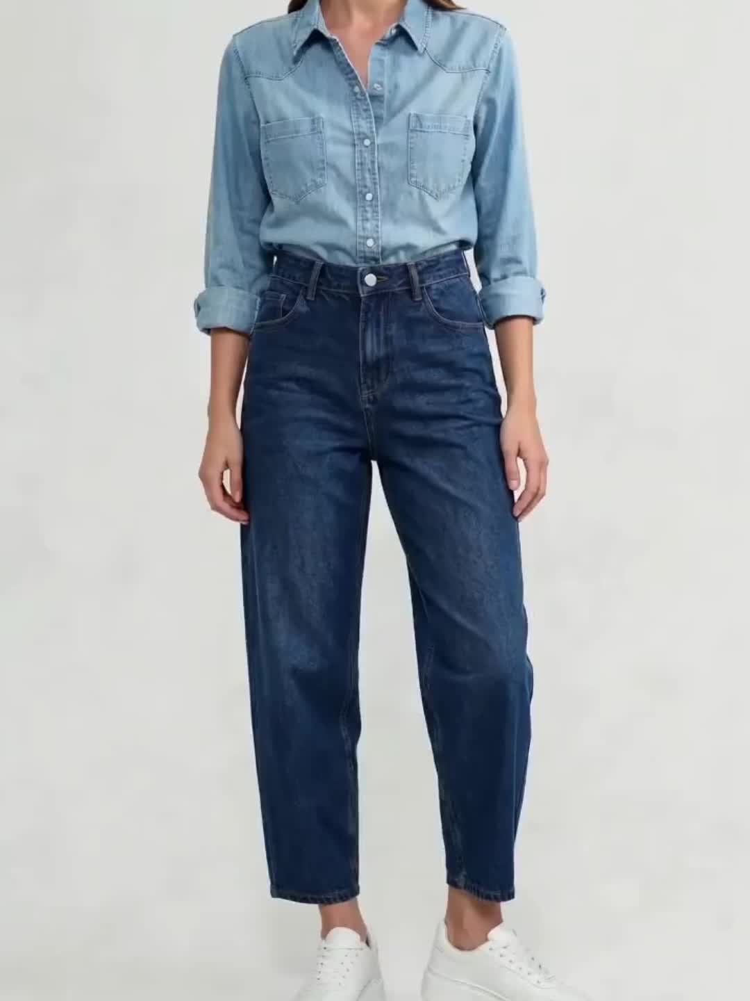 Effortless Deep Blue Relaxed Mom Jeans for Women with High Waist Barrel Leg Tapered Ankle